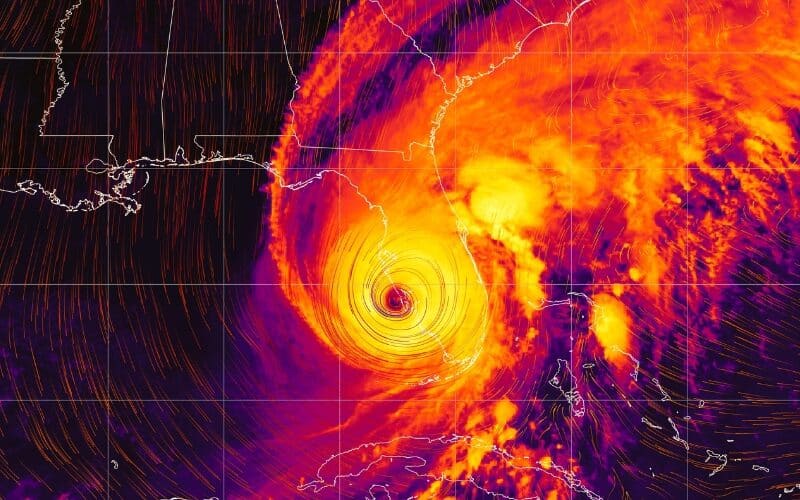 Hurricane Ian - colorful satellite weather map overlayed with wind streams.