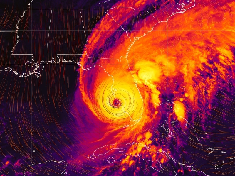 Hurricane Ian - colorful satellite weather map overlayed with wind streams.