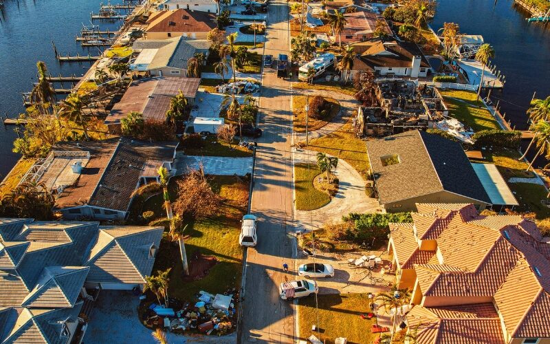aerial view of damaged homes after hurricane ian