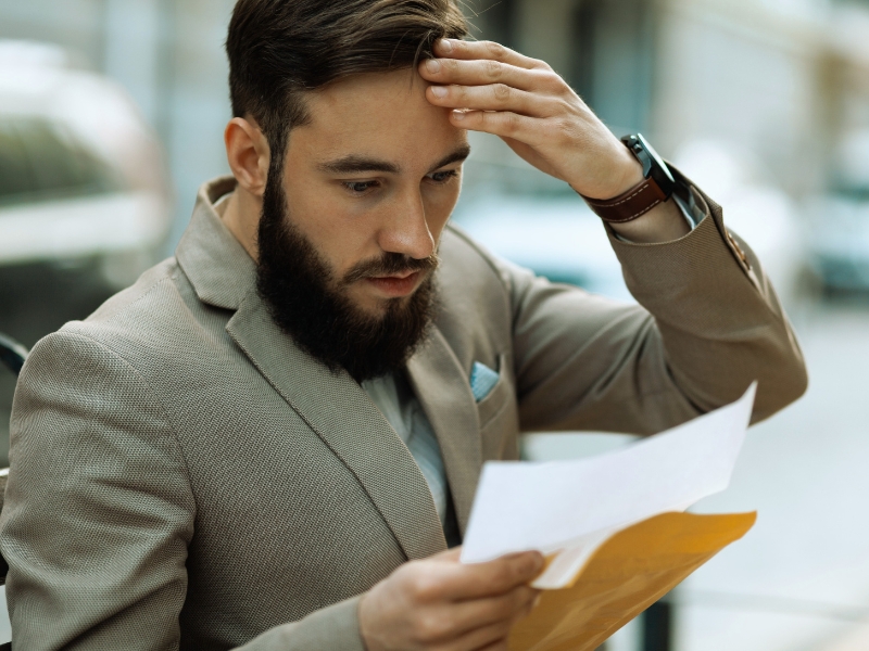 A shocked man reads a court letter