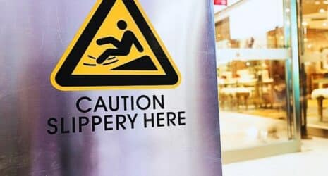 Caution sign at store. Slip and fall liability