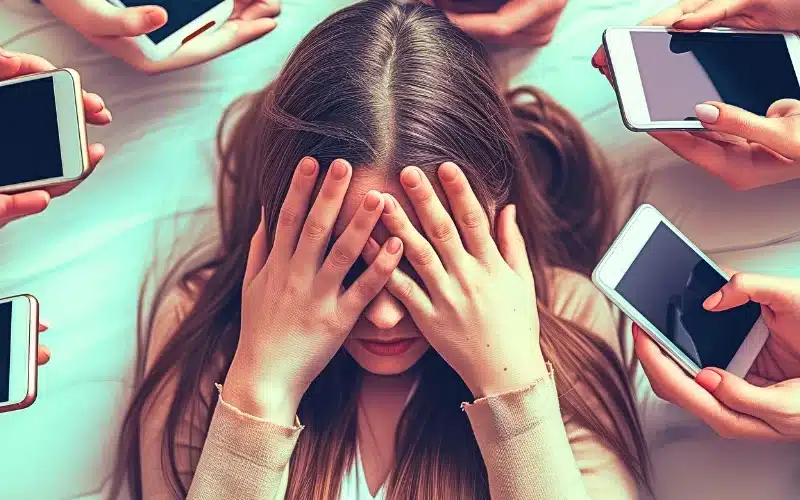 A diverse group of individuals covering their eyes with their hands.