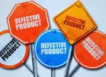 The words defective product on colorful road signs to remind people to protect themselves from dangerous items.