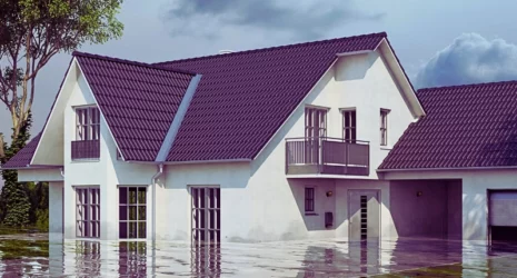 Single family house with water damage after flooding.