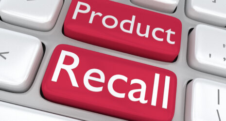 Render illustration of computer keyboard with the print Product Recall on two adjacent red keyboard buttons.