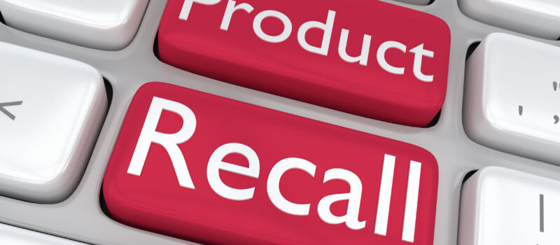 Render illustration of computer keyboard with the print Product Recall on two adjacent red keyboard buttons.