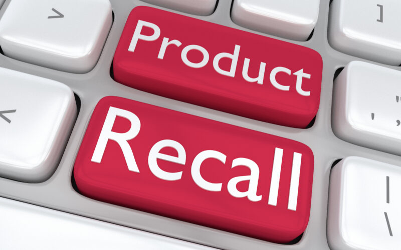 Render illustration of computer keyboard with the print Product Recall on two adjacent red keyboard buttons.