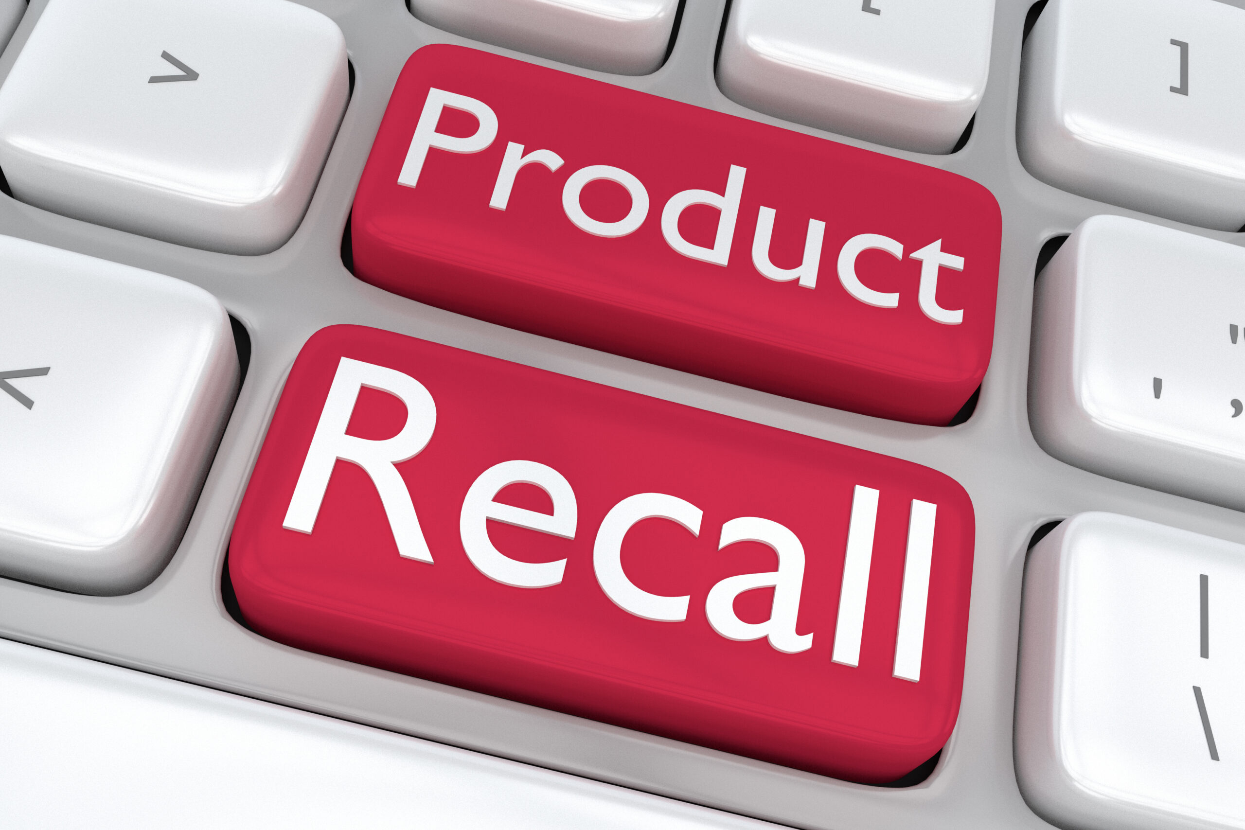 Render illustration of computer keyboard with the print Product Recall on two adjacent red keyboard buttons.