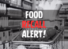 Cropped image of woman pushing trolley in aisle in supermarket with food recall alert texts.
