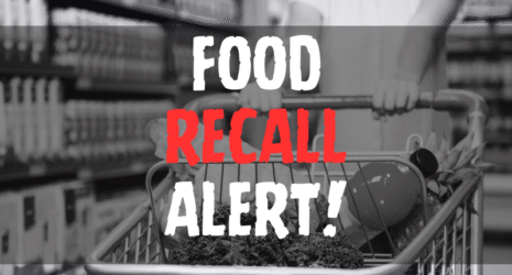 Cropped image of woman pushing trolley in aisle in supermarket with food recall alert texts.