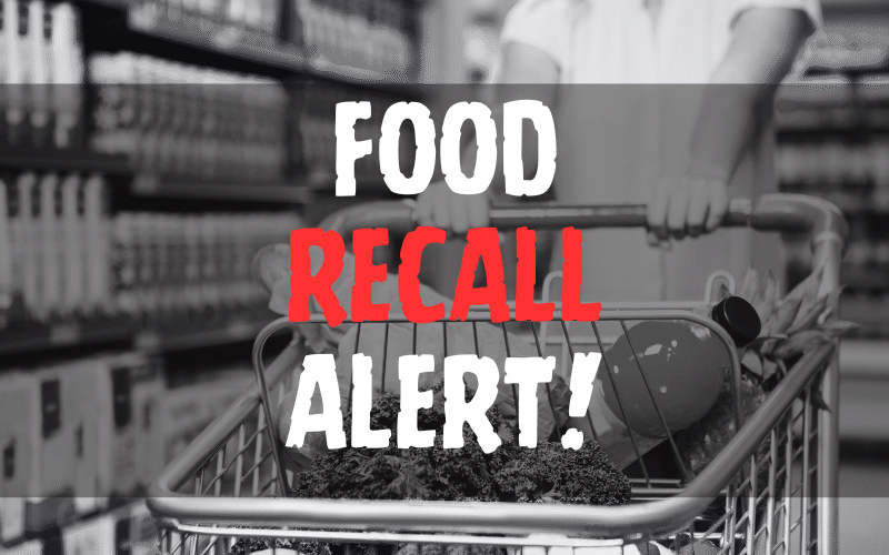 Cropped image of woman pushing trolley in aisle in supermarket with food recall alert texts.
