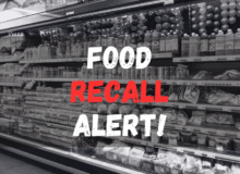 Grocery shop with food on shelves with food recall alert texts.