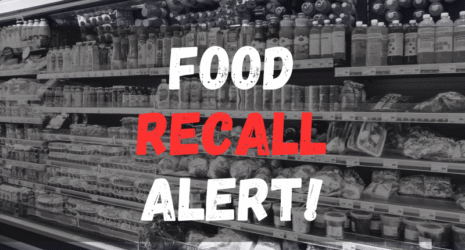Grocery shop with food on shelves with food recall alert texts.