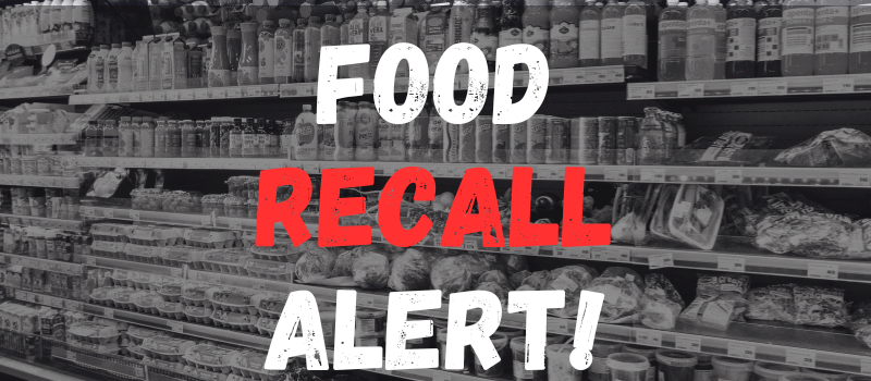 Grocery shop with food on shelves with food recall alert texts.