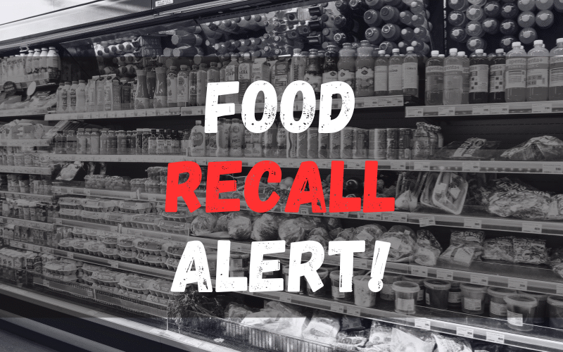 Grocery shop with food on shelves with food recall alert texts.