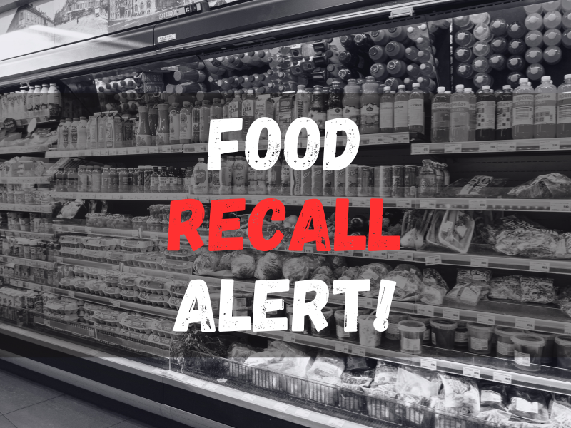 Grocery shop with food on shelves with food recall alert texts.