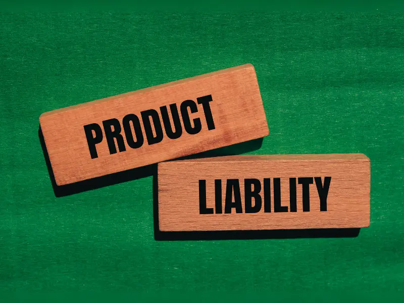 Product liability words written on wooden blocks with green background.