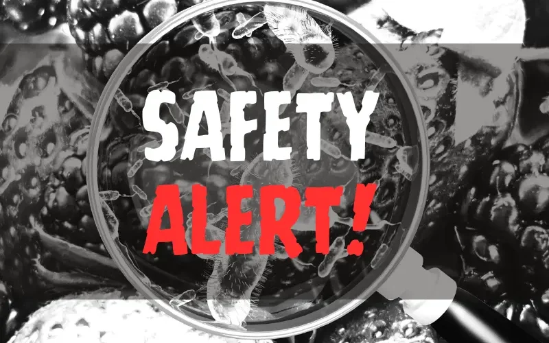Contaminated food concept with safety alert overlay text.