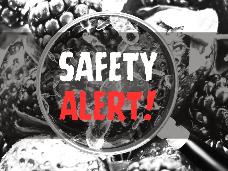 Contaminated food concept with safety alert overlay text.