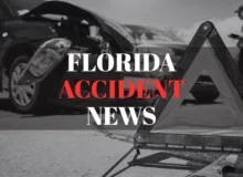 Florida Accident News text overlay on image of a damaged car and a roadside warning triangle.