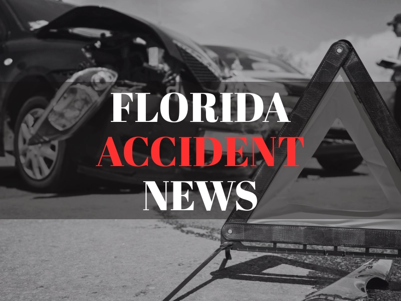 Florida Accident News text overlay on image of a damaged car and a roadside warning triangle.
