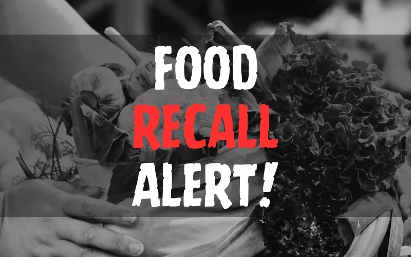 Food Recall Alert text overlay on image of hands holding a basket of fresh vegetables.