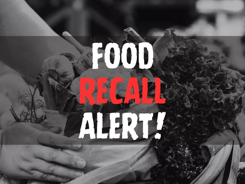 Food Recall Alert text overlay on image of hands holding a basket of fresh vegetables.