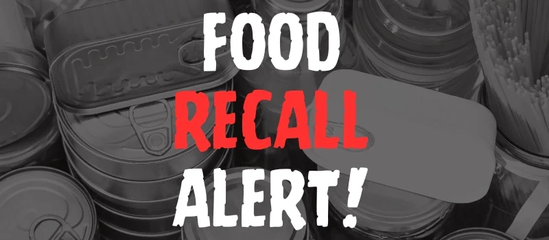 Food Recall Alert text overlay on image of canned goods and bottled food items.