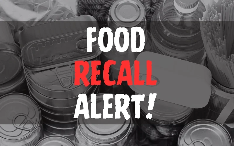 Food Recall Alert text overlay on image of canned goods and bottled food items.