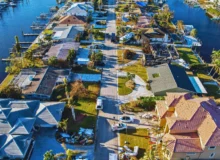 Aerial view of damaged homes after hurricane