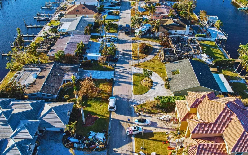 Aerial view of damaged homes after hurricane