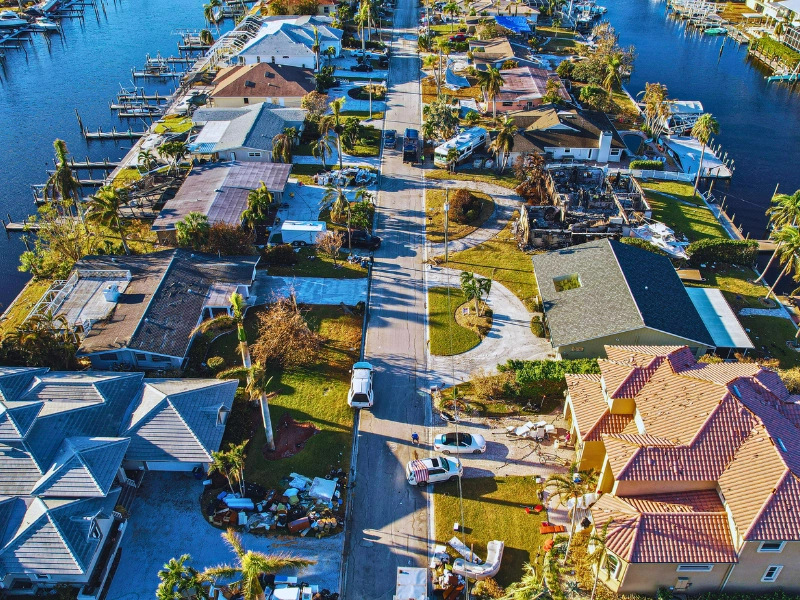 Aerial view of damaged homes after hurricane