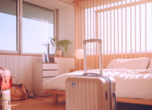 Suitcases packed in a Florida Airbnb with bed and large windows in background.