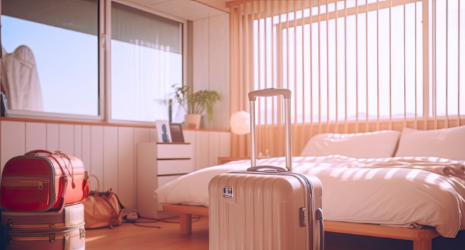 Suitcases packed in a Florida Airbnb with bed and large windows in background.
