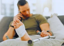 Man with bandaged foot talking on phone while holding crutch. file a personal injury claim after leaving Florida