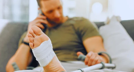 Man with bandaged foot talking on phone while holding crutch. file a personal injury claim after leaving Florida