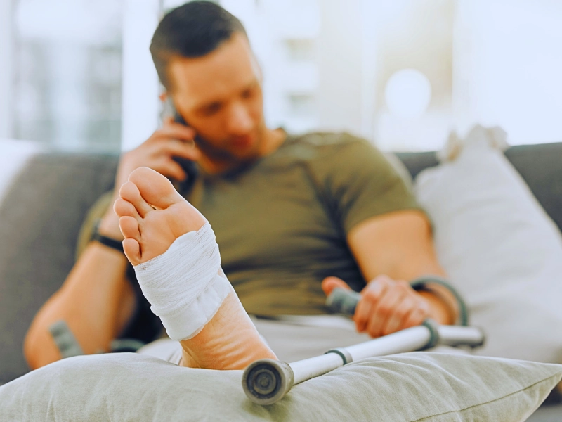 Man with bandaged foot talking on phone while holding crutch. file a personal injury claim after leaving Florida