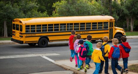 A group of kids waiting to get into their school bus.