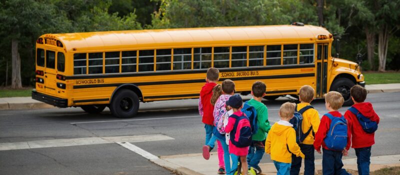 A group of kids waiting to get into their school bus.