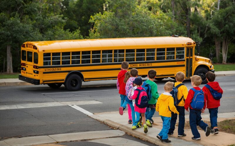 A group of kids waiting to get into their school bus.