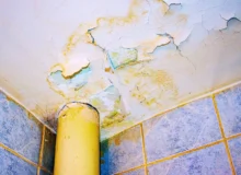 Water damaged ceiling with peeling paint near a pipe junction. responsible for a dangerous condition