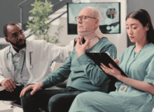 An elderly man wearing a neck brace, a nurse taking notes, and a doctor examining the man. future medical expenses