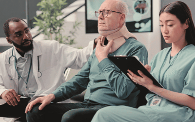 An elderly man wearing a neck brace, a nurse taking notes, and a doctor examining the man. future medical expenses