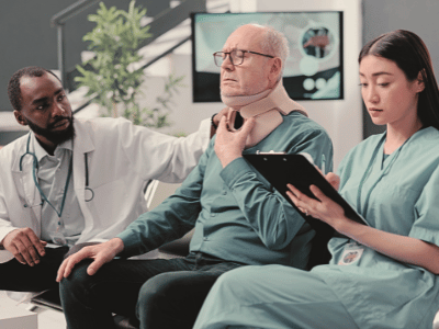 An elderly man wearing a neck brace, a nurse taking notes, and a doctor examining the man. future medical expenses