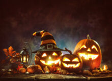 Halloween pumpkins in a dark night