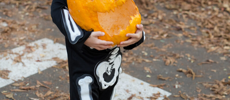 a child dressed as a skeleton carrying a pumpkin while crossing the street